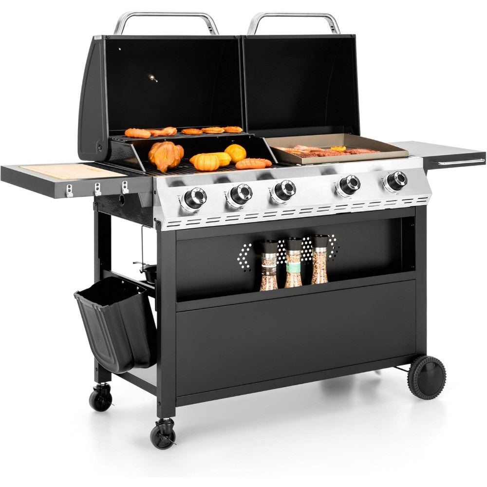 Gas and Charcoal Grill Combo with Side Burner, Porcelain-Enameled Cast Iron Grate, Extra Large Dual-Function