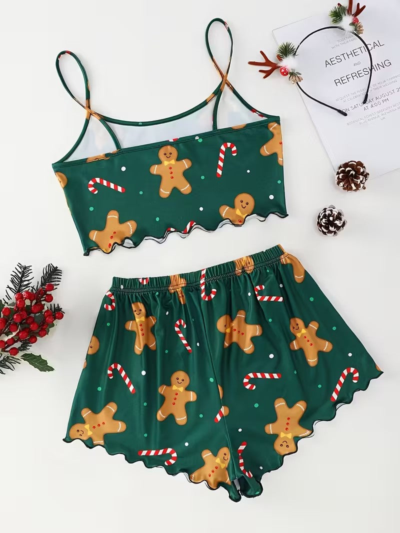 Women's Sleepwear Soft Christmas Festival Cute Gingerbread Print 2 Pieces Pajama Set Crop Tops and Shorts Loungewear