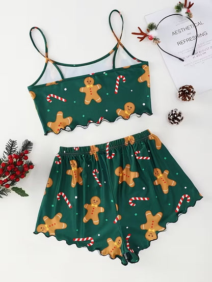 Women's Sleepwear Soft Christmas Festival Cute Gingerbread Print 2 Pieces Pajama Set Crop Tops and Shorts Loungewear