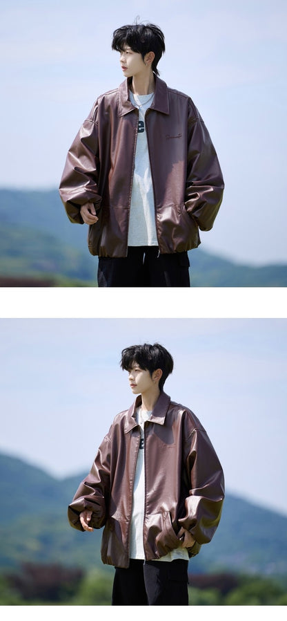 Trend Men's Faux Leather Jacket Autumn Winter Fashionable Solid Color Standing collar PU Leather Biker Jacket Handsome Men Coat