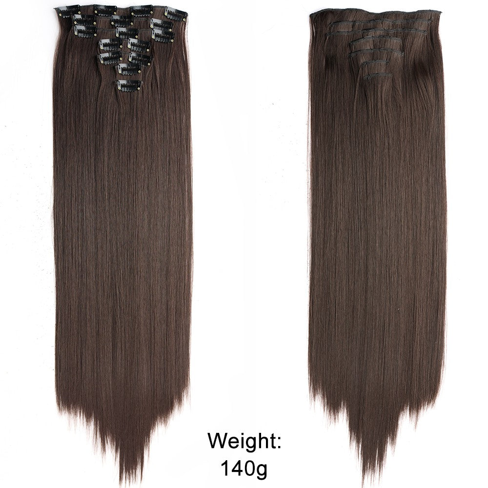 7 peças/conjunto de aplique de cabelo com 16 grampos, preto, longo e liso, cabelo natural, aplique de cabelo ombre, fibra resistente ao calor para penteado feminino