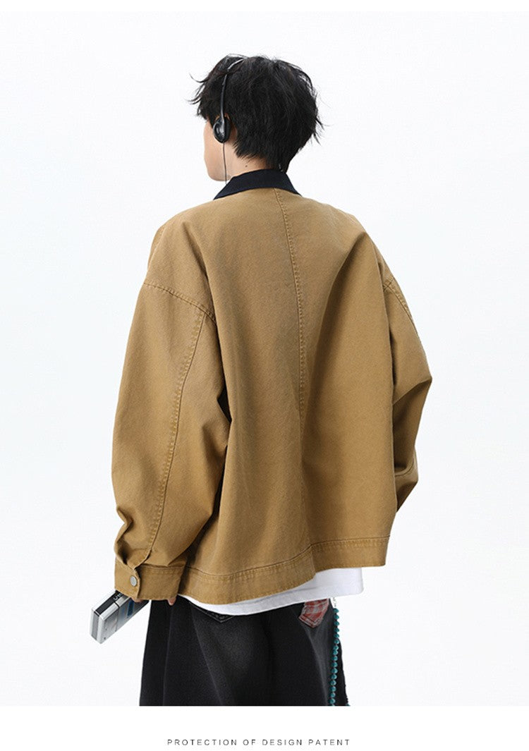 Maxbarley Trendy Cotton Jacket Men Autumn 2025 Hip-Hop Stitching Windproof Lapel Jackets K-Pop Antique Washed Motorcycle Coat