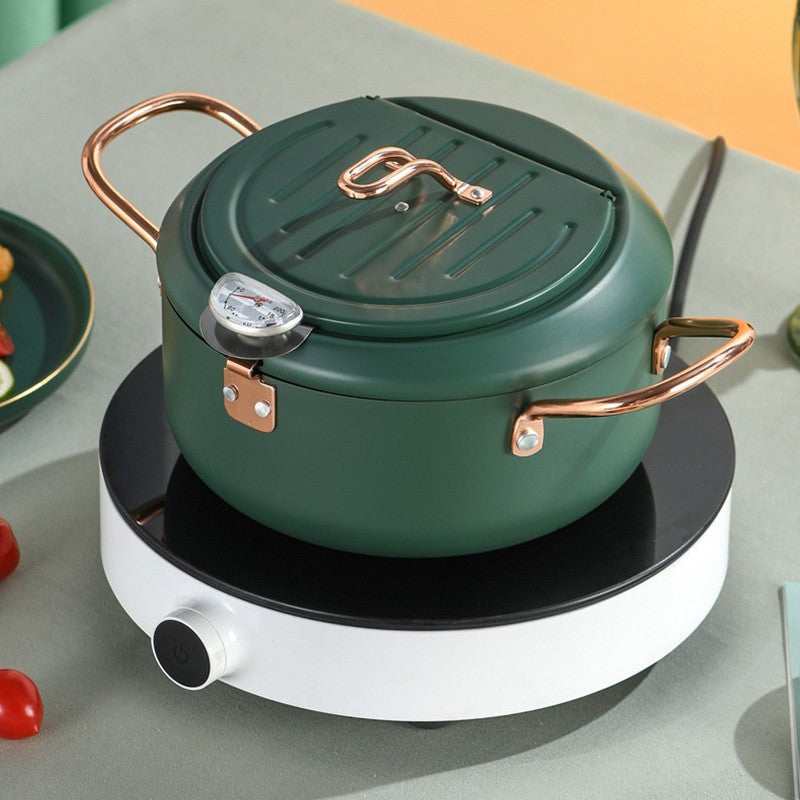 304 Stainless Steel Oil Pan Japanese Deep Frying Pot with a Thermometer and a Lid Kitchen Tempura French Fries Oil Fried Pan