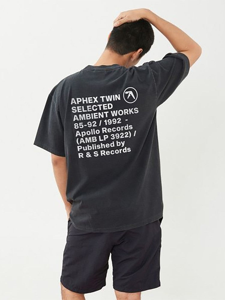 Men T-Shirt Aphex Twin Washed Black Print Cotton Graphic Oversized Korean Fashion Short Sleeve Tops Tees Y2k Streetwear Clothing