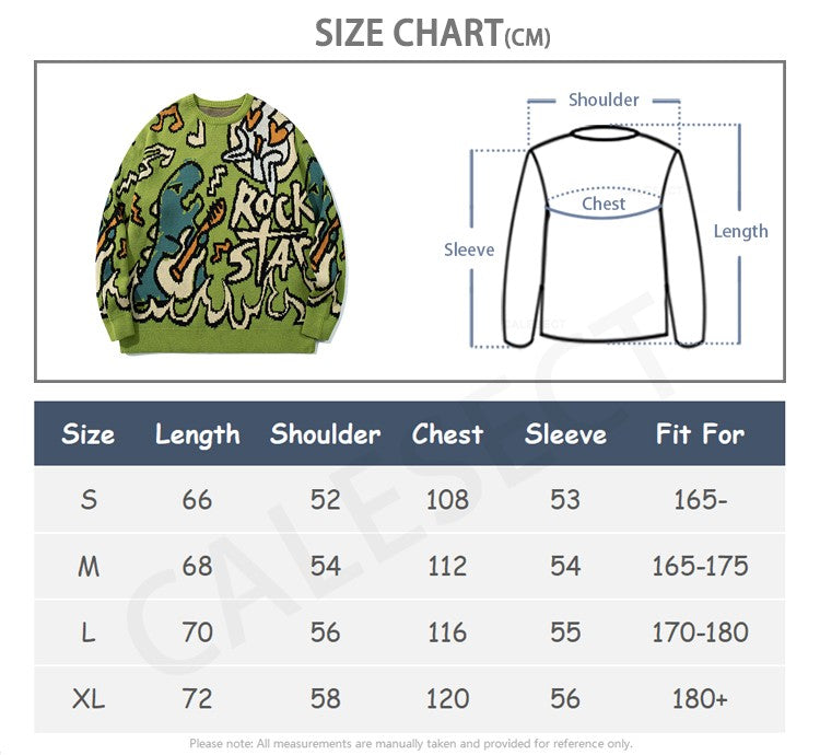 CALESECT Green Dinosaur Knit Sweater Womens Dino Jumper Y2K Streetwear Oversized Pullover Plus Size Mens Women Adults Men Trendy