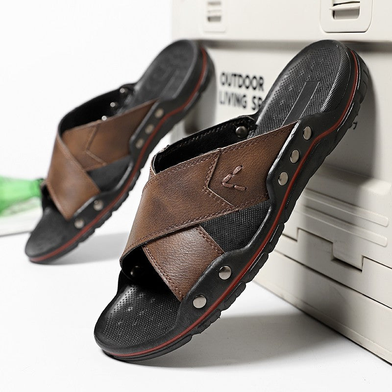 Men's Summer Sandals High Quality Leather Shoes, Extra Large Antiskid Lightweight Slip-On Beach and Hotel Footwear, Size 38-48