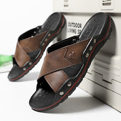 Men's Summer Sandals High Quality Leather Shoes, Extra Large Antiskid Lightweight Slip-On Beach and Hotel Footwear, Size 38-48