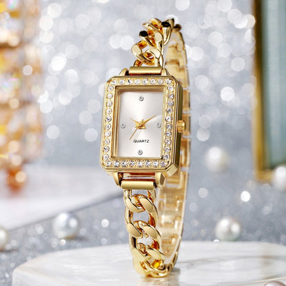Ladies' Fashion Diamond Set Square Diamond Dot Scale Dial Steel Belt Chain Strap Quartz Watch