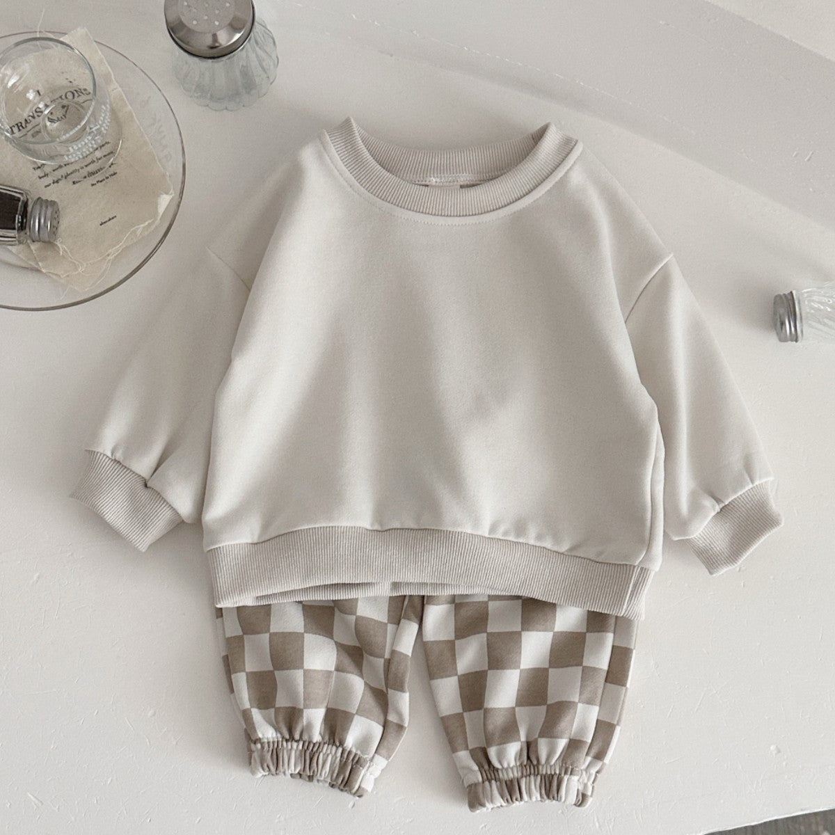 Autumn Fashion Newborn Baby Boys Girls Clothes Comfort Outfit Solid Color Long Sleeves Top+Chessboard Pattern Pants 2Pcs/set