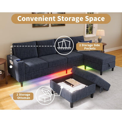 Smart Sectional Couches for Living Room, 4 Seat U/L Shaped Sectional Sofa with RGB Light/Charging, Modern Living Room Furniture
