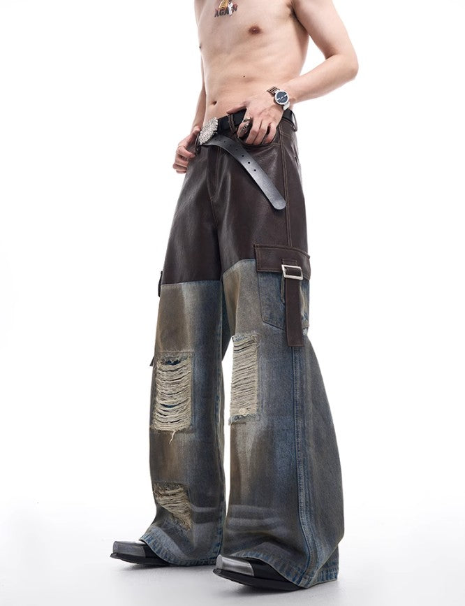 2024 American vintage do old piece-leather destruction denim jacket men fall dirty jacket