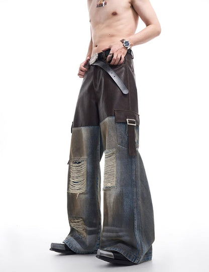 2024 American vintage do old piece-leather destruction denim jacket men fall dirty jacket