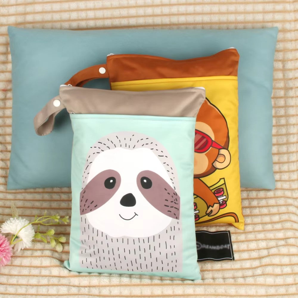 Washable PUL Waterproof Wet Dry Bag - Cute Print, 2 Pockets for Cloth Diapers, Travel, Beach, Pool & Gym| Toiletry Bag