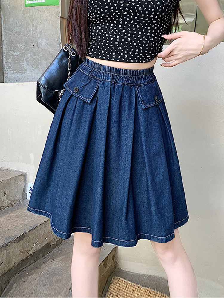 Casual Summer Plus Size Midi Denim Skirts Woman Preppy Loose A-line Ruffles Skirt With Shorts Elastic Waist Jeans Skirts Women