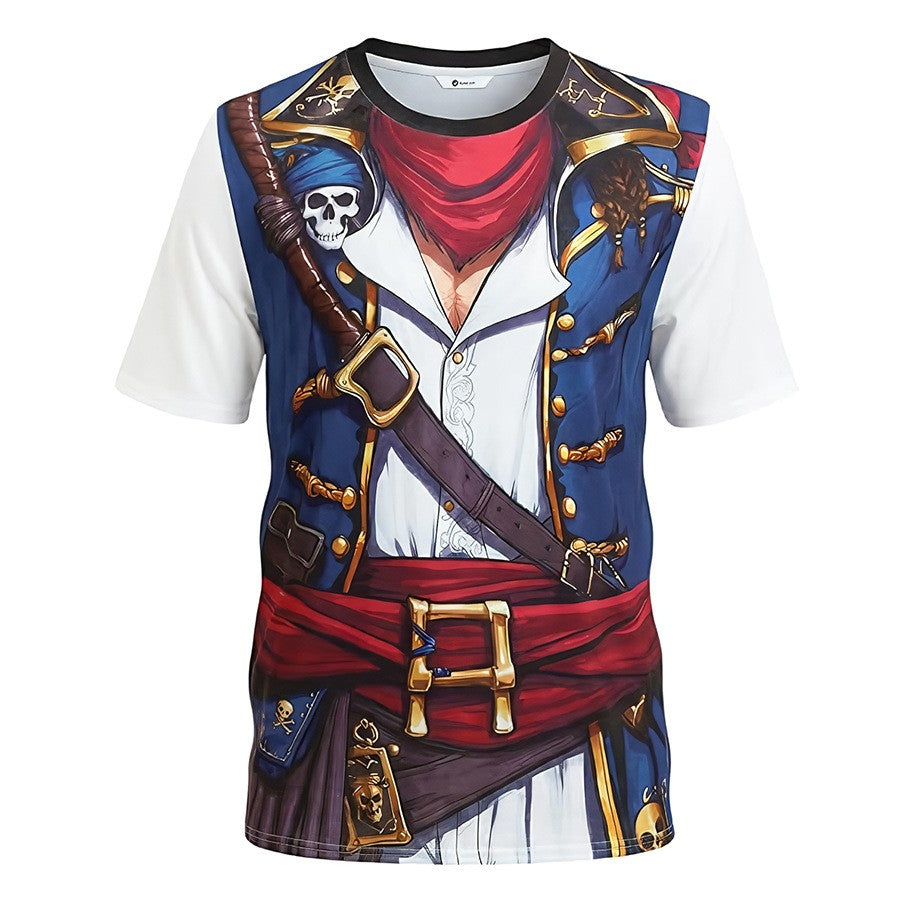 Men Medieval 3D Printed Pirate Costume T Shirt Short Sleeve Crew Neck Halloween Cosplay Vintage Captain Tops Male Holiday Appare