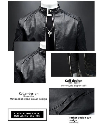Men's Biker Leather Jacket Autumn Winter Thickened Fleece Casual Versatile Slim Fit Large Size PU Leather Coat