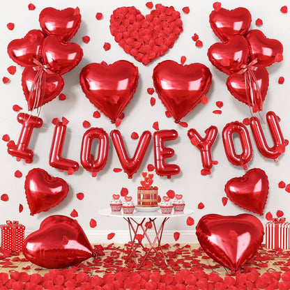 I Love You/Red Heart Love Foil Balloon 1000Pcs Rose Petals for Wedding Anniversary Valentine Day Romantic Special Night Party