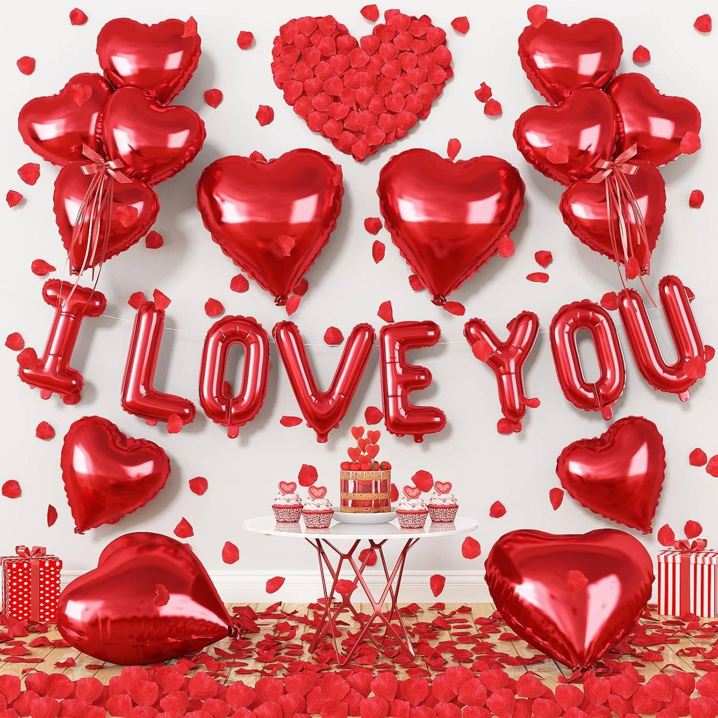 I Love You/Red Heart Love Foil Balloon 1000Pcs Rose Petals for Wedding Anniversary Valentine Day Romantic Special Night Party