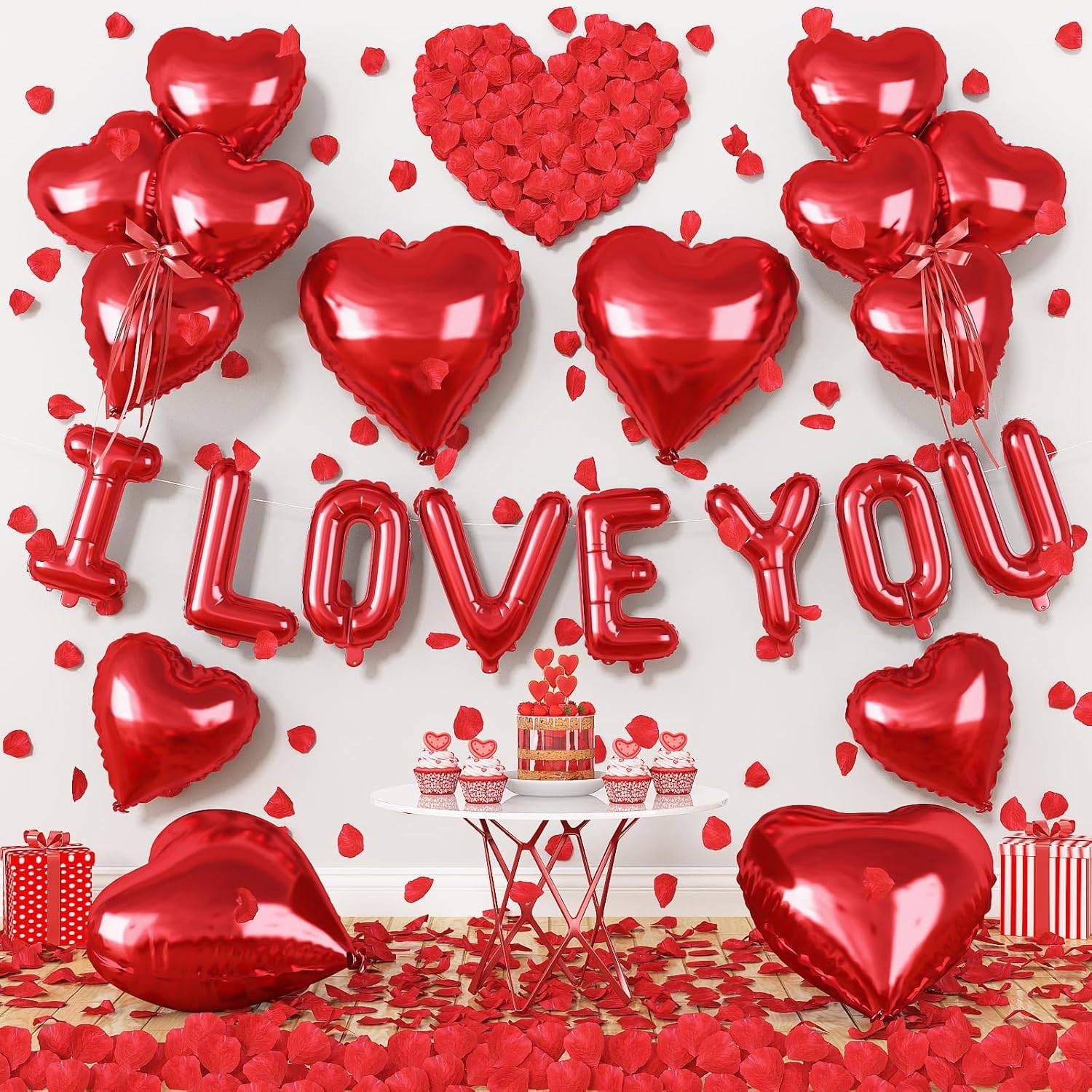 I Love You/Red Heart Love Foil Balloon 1000Pcs Rose Petals for Wedding Anniversary Valentine Day Romantic Special Night Party