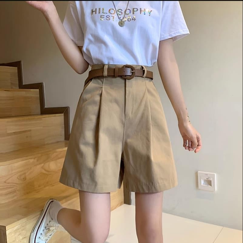 Workwear Shorts for Women High Waist Summer Wide-leg Shorts Belt Khaki Casual Cotton Korean Fashion Solid Pocket Womens Shorts