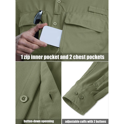 MAGCOMSEN Sun Protection Shirt Quick Dry Long Sleeve Mesh Breathable Shirt Multi Pockets Fishing Shirts Hiking Work Cargo Shirts