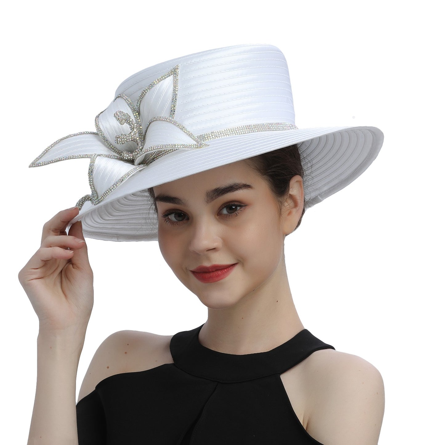 Deluxe New White Church Hat Party Banquet Satin Cloth Photography Hats Premium Chains Formal Hat Flower Top Cap For Women Ladies
