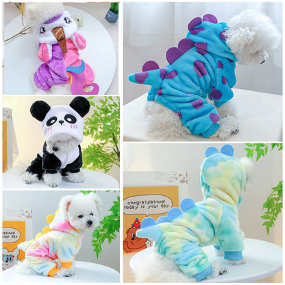 Roupinha de Fleece Super Macio para Animais de Estimação Cachorrinho Outono Inverno Pelúcia Quente Macacão para Cães Quatro Patas Dinossauro Unicórnio Cosplay Roupa para Gatos