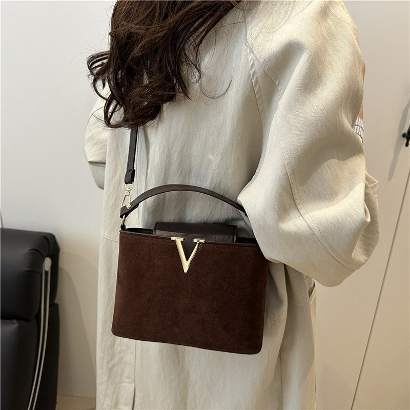 Fashionable Mini Suede Women's Bag, Faux Suede Tote Bag, Hardware Lock Buckle Decoration Handbag Purse Shoulder Cross Body Bags