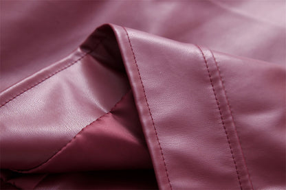 Jaqueta Feminina de Couro Sintético Vermelho Vinho Vintage, Casaco Moderno com Zíper e Lapela, Casacos de Outono Inverno, Blusas Curtas Femininas Estilo Streetwear