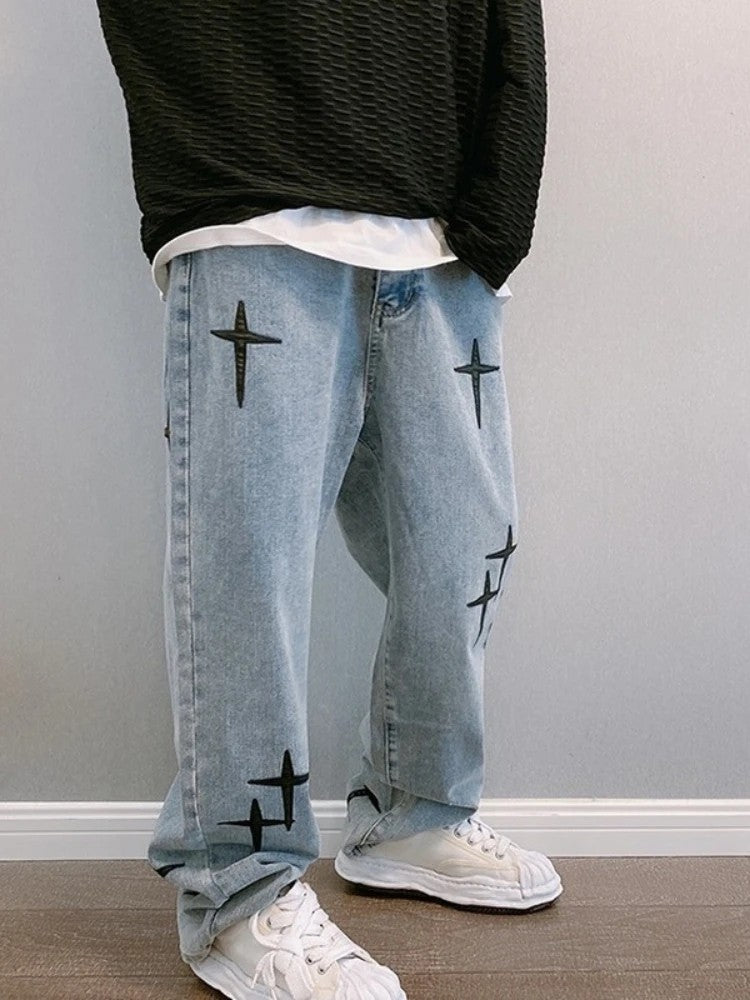 Nova Calça Jeans Masculina Larga Bordada Moda Solta Calça Jeans Streetwear Hip Hop Reta Perna Larga Calça Casual Roupa Masculina