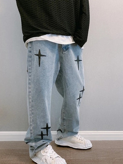Nova Calça Jeans Masculina Larga Bordada Moda Solta Calça Jeans Streetwear Hip Hop Reta Perna Larga Calça Casual Roupa Masculina