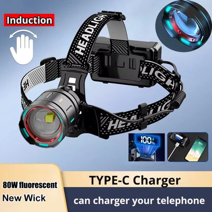 2025 New Super Powerful Headlamp 800W LED IR Sensor Headlight Rechargeable Head Flashlight 5000 Meter Head Lamp Fishing Lantern