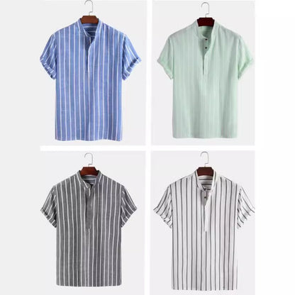 Men Fashion Striped Shirt Short Sleeve Casual Linen Shirts Tops Male Formal Social t-Shirts Stand-Up Collar Shirts Man Clothes