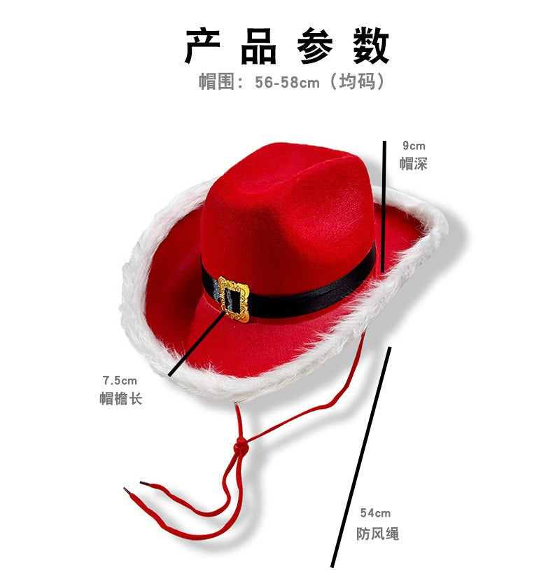 Red Christmas Cowboy Hat with Feather & Gold Buckle, Western Party Hat for Women Men, Floppy French Jazz Cap for Xmas