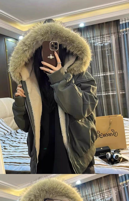 American Street Fur Collar Zipper Hooded Jacket Women Autumn Winter Retro New Velvet Thickened Warm Fashion Loose Casual Jacket
