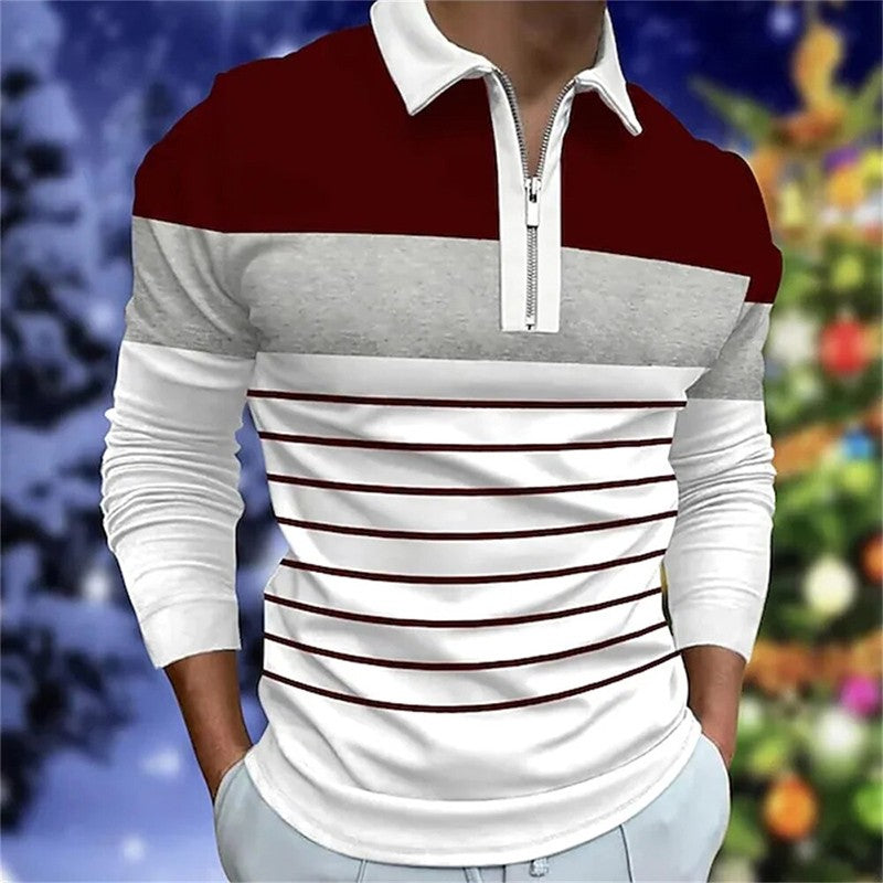 Spring and Autumn Men's Long Sleeve Zipper Polo Shirt Fashion Stripe Design Comfortable Polyester Fiber