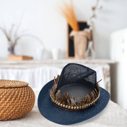 Vintage Style Women Men Feather Hat Elegant Mesh Wide Brim Sun Hat for Casual Party and Outdoor Events