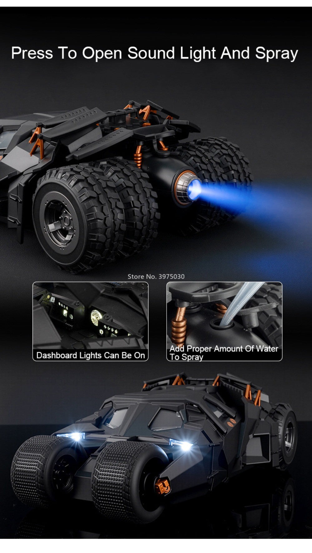 Miniaturas de Batmóvel na Escala 1:24, Carrinhos de Brinquedo com Versão Spray e Liga Fundida, Veículos com Luz e Som para Crianças e Adultos