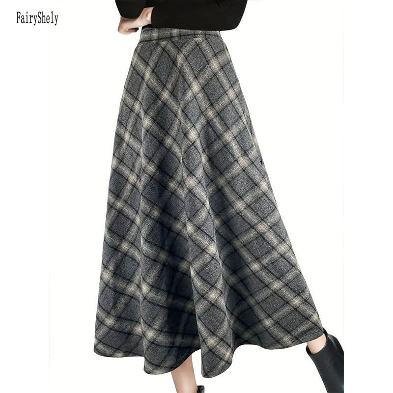 Fairyshely Casual Plaid Print Woolen Long Skirt Women 2025 Summer Ruffle High Waist Midi Skirt Lady Elegant A line Pleated Skirt