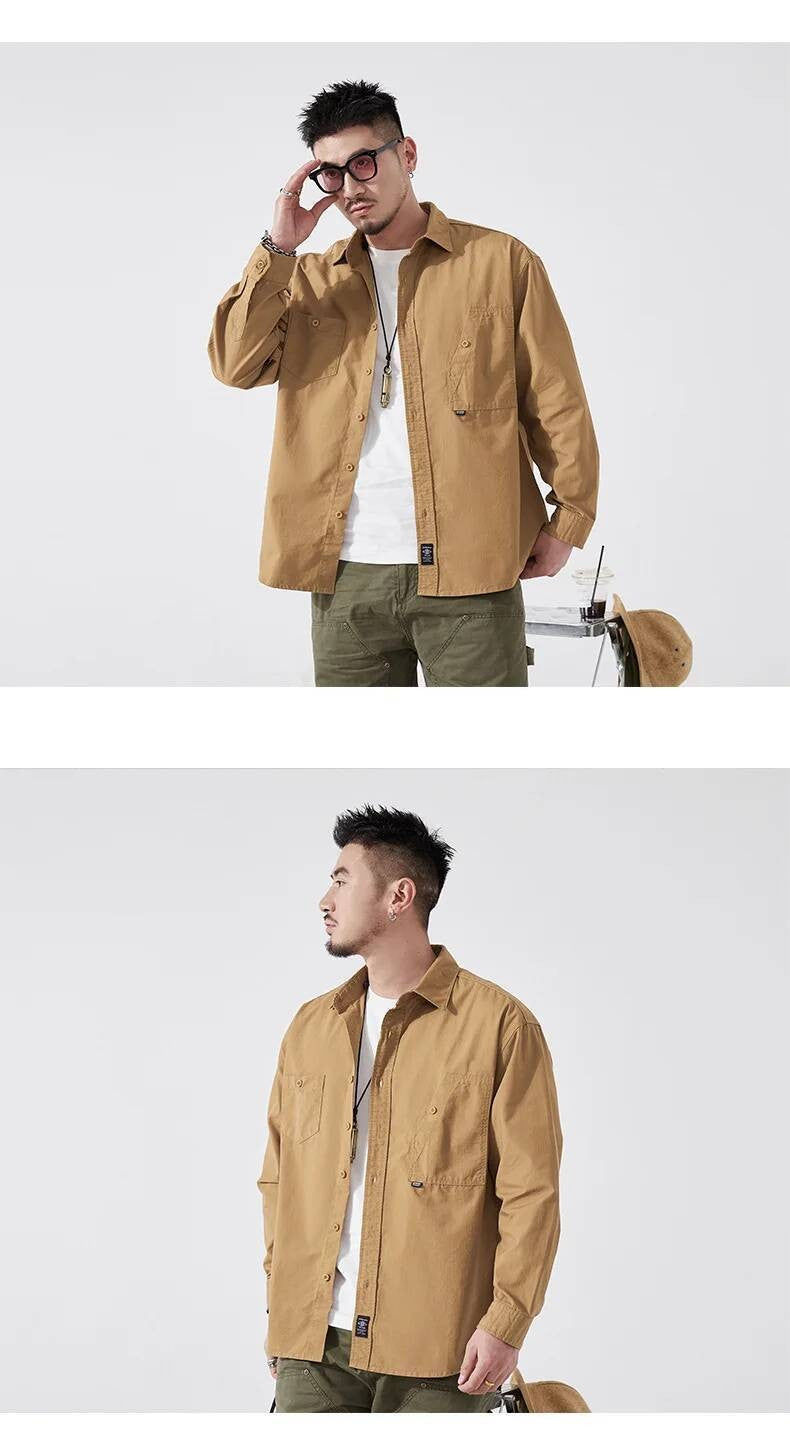 Men's Cargo Shirt Long Sleeve Premium Cotton Solid Color Japanese Streetwear Simple Handsome Chest Pocket Outdoor Work Shirst