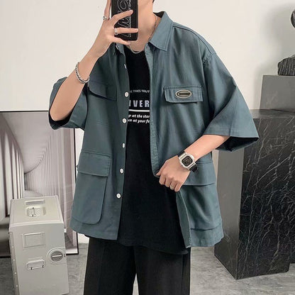 Shirts For Men With Pocket Cargo Man Shirt Loose Korean Style Casual Asia Cool Hipster Original Half Sleeve Fashion Collar I Xxl