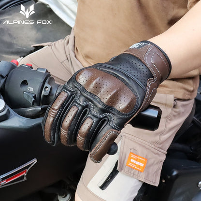 Luvas de Couro Perfurado Retrô de Verão para Motocicleta Masculino Feminino Luvas de Dedo Completo para Motocross Motoqueiro Guantes Moto Equipamento M-XXL