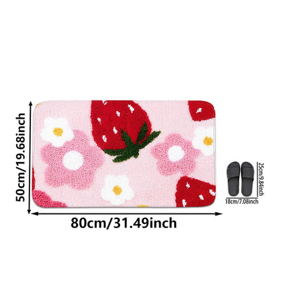 A comfortable three piece set with strawberry pattern can be purchased individually or set together for bathroom carpets
