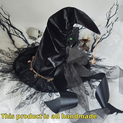 Handmade Lace Witch Pointed Hats Bandage Bow Wizard Hat Adult Gothic Lolita Cosplay Costume Accessories Halloween Party Hat