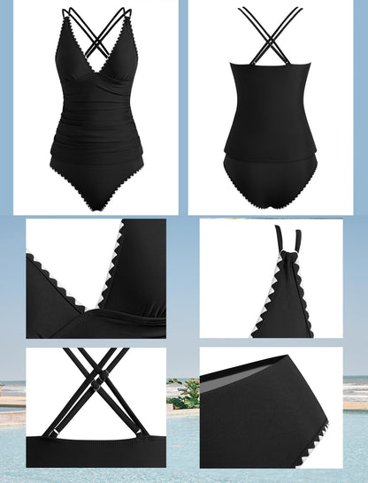 Womens Tankini Swimsuits V Neck Push Up Swim Top Color Block Tummy Control High Waisted Bathing Suits Swim Bottom