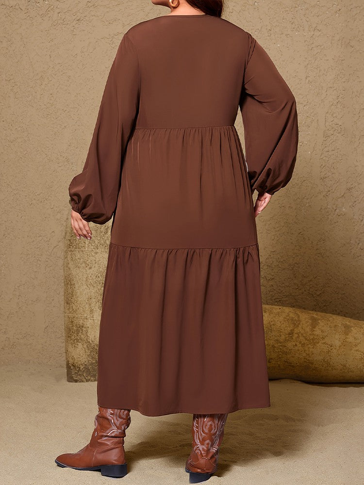 New Plus Size Women's Retro Floral Print V-Neck Maxi Dress Lantern Sleeves Ruffle Hem Loose Dress Elegant Holiday Party Dress