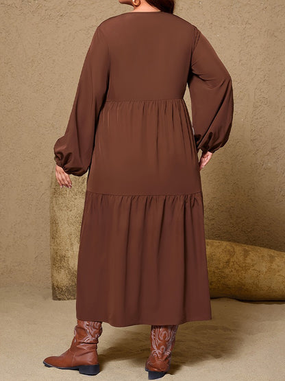 New Plus Size Women's Retro Floral Print V-Neck Maxi Dress Lantern Sleeves Ruffle Hem Loose Dress Elegant Holiday Party Dress