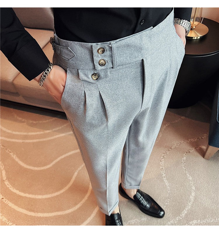British Style Spring New Solid Business Casual Suit Pants High Waist Button Men Formal Pants High Quality Slim Office Trousers
