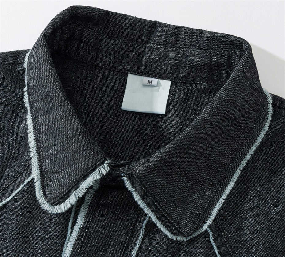 Vintage Raw Edge Denim Shirts Mens Streetwear Harajuku Short Sleeve Shirt Men Loose Casual Cargo Blouse Japan Style Tops Male