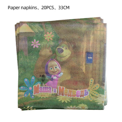 Masha and The Bear Theme Birthday Party Supplies Girls Masha Tableware Set Balloons Plates Cups for Kids Party Baby Shower Decor